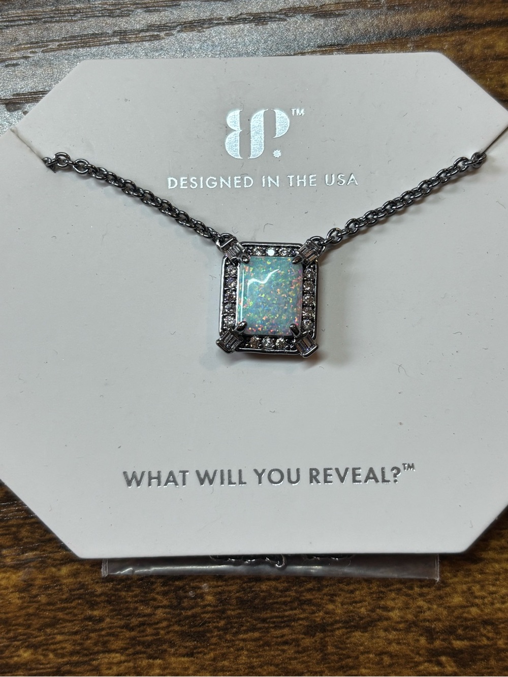 bp Iridescent Opal Square Pendant Necklace with Clear Accents